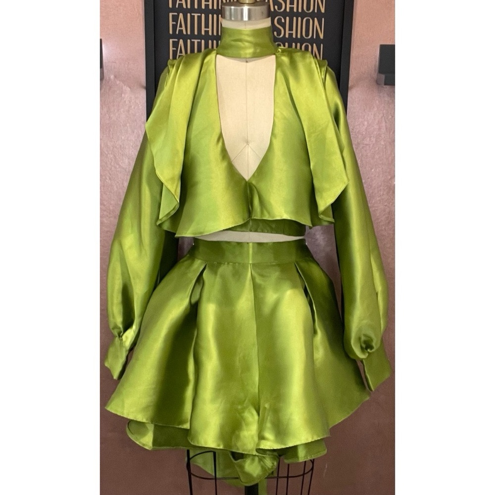 Elegant Green Satin Skort Set